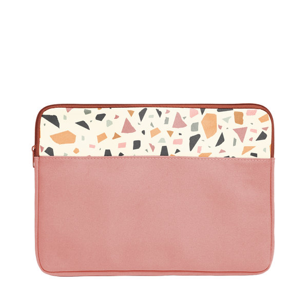 Terrazzo Laptop Sleeve is a red vegan leather with cream terrazzo detail in 13 inch size.