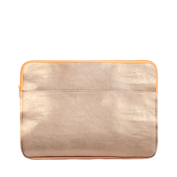 A gold-metallic colored laptop sleeve with a slip pocket on the side.