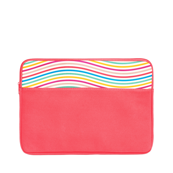 The Limbo Laptop Sleeve is a cute laptop case in coral with rainbow wavy lines pattern and 13 inch size.
