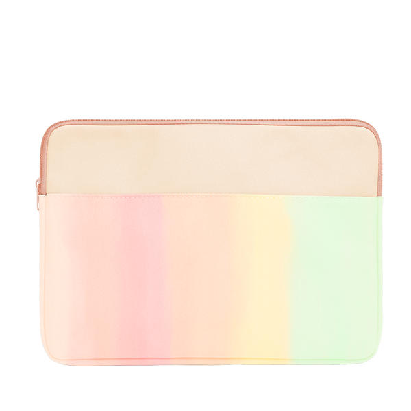 Daybreak Laptop Sleeve is a cute laptop case in pastel rainbow gradient with peach trim in 15 inch size.