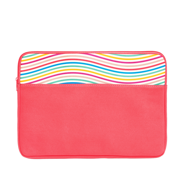The Limbo Laptop Sleeve is a cute laptop case in coral with rainbow wavy lines pattern and 15 inch size.