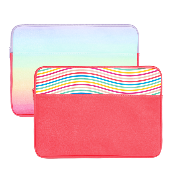 A rainbow ombre laptop case and a pink laptop case with a rainbow curvy line design on the top of the case.