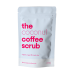 organic, vegan and cruelty-free coconut coffee body scrub with blue background.