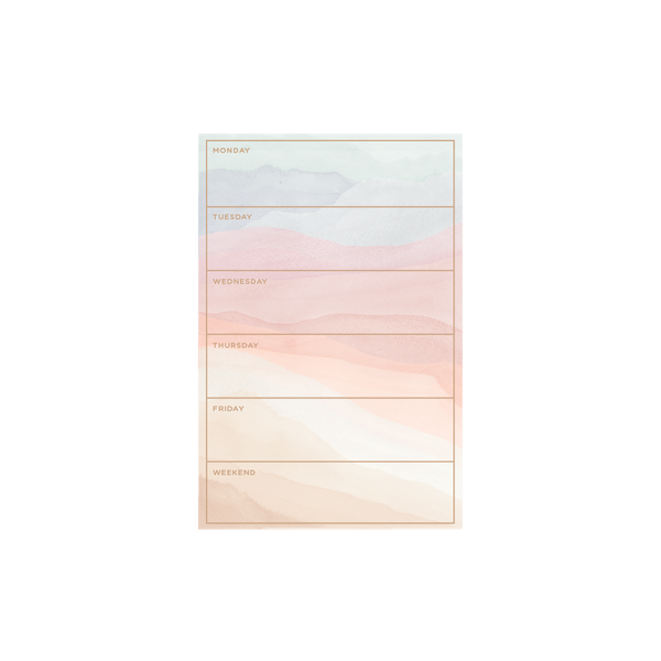6"x9" tearaway notepad covered in our Sunset Stripes pattern. Tan outlined boxes from top to bottom listing the days of the week + "weekend".