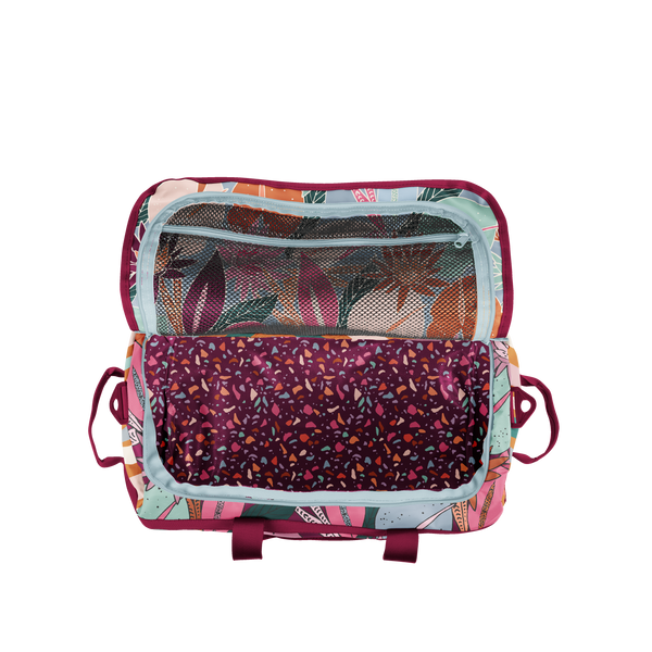 cute large size duffle tote with sangria hand and body straps. the duffle has a cranberry body with pink, mint, orange and blue floral leaves.Top of the duffle is opened with a floral body and cranberry with colorful speckled interior.