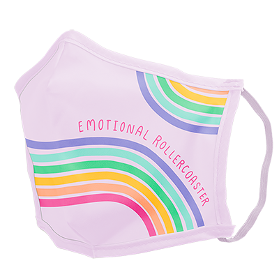 A light purple facemask with rainbow pathways and "emotional rollercoaster" written in a pink script. 