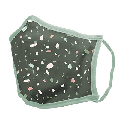A green terrazzo face mask on a blank background. 