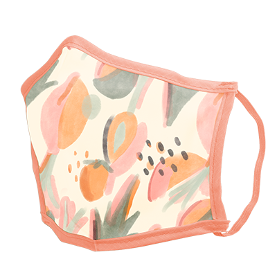 A botanical, pink, green and coral face mask on a blank background. 
