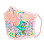 A pink facemask with a multi-colored tropical scene on it. 