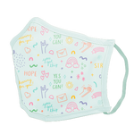 A plain face mask with small illustrations of rainbows, hands, "yes you can" and little wiggles. 