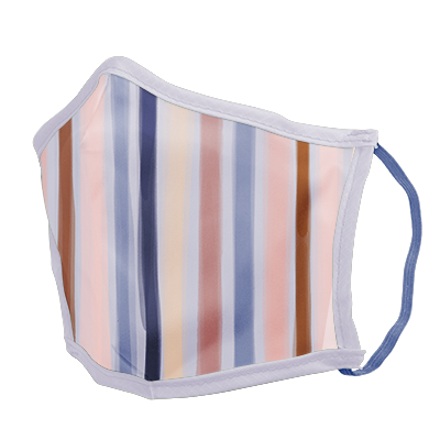 A lightly striped facemask with pink, purple, navy, tan and light pink. 