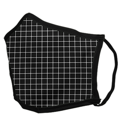 A black and white grid face mask on a plain background. 