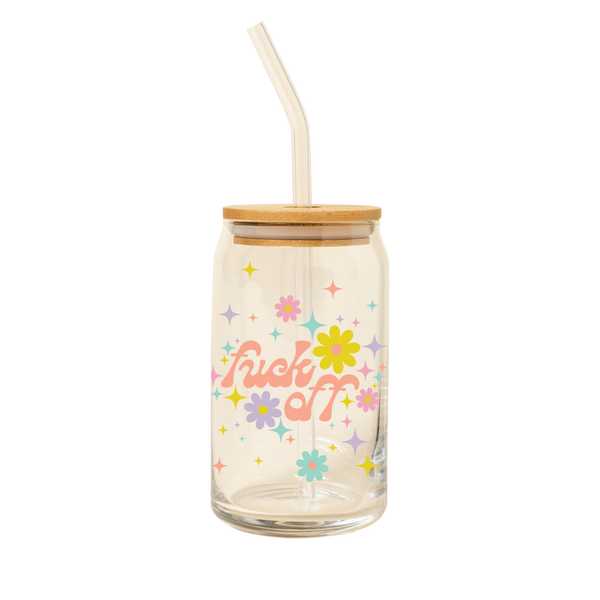 A 16 oz can glass with a glass straw; "fuck off" is printed on the front in a coral font. Multi-colored flowers and sparkle-stars surround the text.