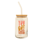 A 16 oz can glass with a glass straw. "YOU GOT THIS" is printed on the front in multi-color font.
