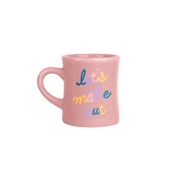 Pink ceramic diner mug with colorful cursive let's make out print