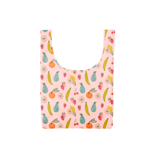A medium pink reusable tote with multi-colored fruits. 
