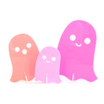 pack of three, acrylic ghosts in small, medium and large sizes with stands in pink, lavender purple, and coral pink. 