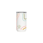 A white 12 oz. tumbler with multicolored curved lines and the phrase "I'm all over the place," printed in a lower portion of the tumbler.