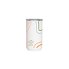 A white 12 oz. tumbler with multicolored curved lines and the phrase 