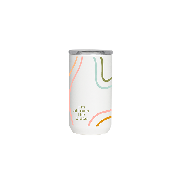 A white 12 oz. tumbler with multicolored curved lines and the phrase "I'm all over the place," printed in a lower portion of the tumbler.