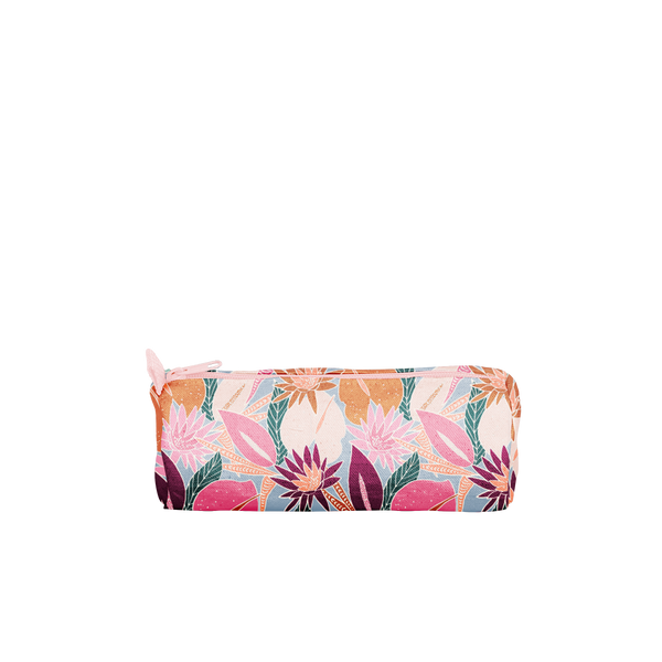 A multicolored, jewel toned floral collage pouch with a light pink zipper.