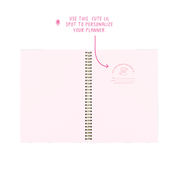 1st page of Ball pit notebook. Right side of the two page spread has two lines dedicated to the name of the owner of the notebook and their contact information. A small drawing included above the two lines. Lettering is in hot pink.