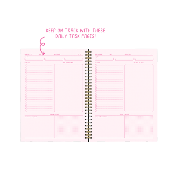 Two page spread, with both pages having a To-Do List, a notes section, and a date section. Pages are a light pink, with hot pink detailing.