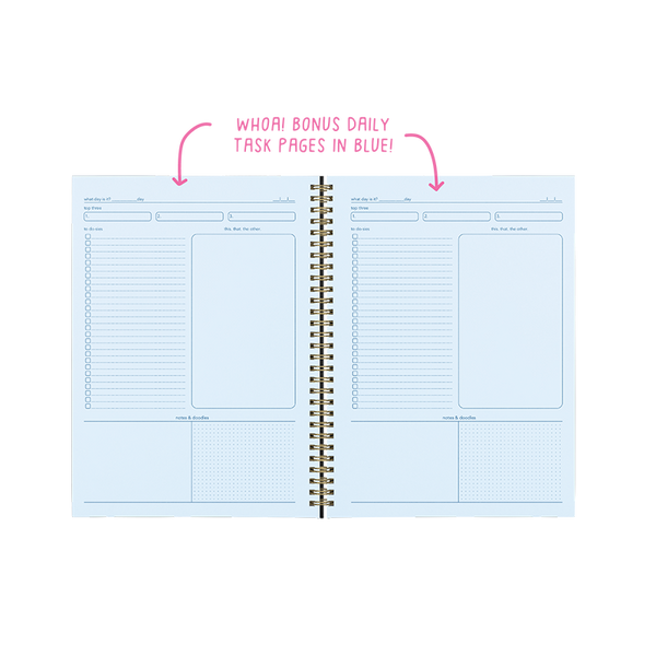 Two page spread, with both pages having a To-Do List, a notes section, and a date section. Pages are a light blue, with dark blue detailing.
