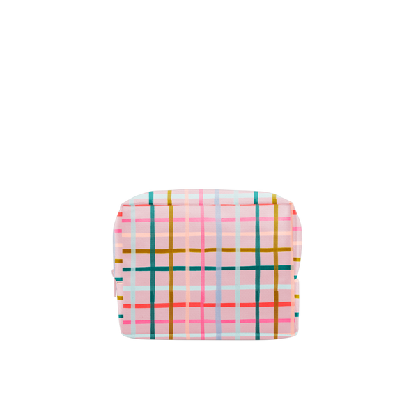 pink mulit-color plaid pouch. 