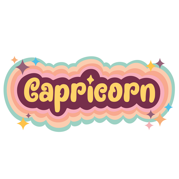Multicolored Capricorn sticker with simple stars printed around the zodiac name.