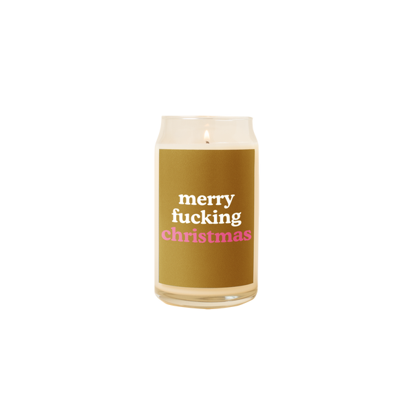 Holiday candle with brown design "merry fucking christmas"