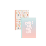 Notebook Set. 1st Notebook Blue to Pink Gradient with Chill The Fuck Out text in white. 2nd Notebook Multi Colored Moon Phase all over pattern.