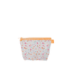 Cosmetic, travel bag, with orange top zipper, and different colored specks all over the bag