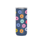 A Daisy 16oz. Every day Tumbler that is navy blue. Daisies are printed all around the tumbler in different rainbow colors.