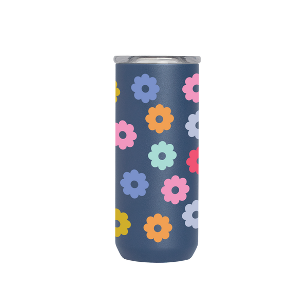 A Daisy 16oz. Every day Tumbler that is navy blue. Daisies are printed all around the tumbler in different rainbow colors.