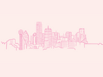 Dallas skyline outlined in hot pink and background is light pink.