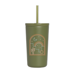 A 16 oz olive green cold cup with straw with the "Desert Nights" illustration on front.