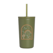 A 16 oz olive green cold cup with straw with the "Desert Nights" illustration on front.