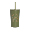 A 16 oz olive green cold cup with straw with the 