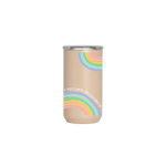 A mocha colored 12 oz. tumbler with rainbow arches on the top and bottom. The phrase "Emotional rollercoaster" is printed on as well.