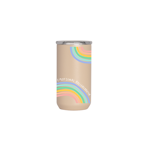 A mocha colored 12 oz. tumbler with rainbow arches on the top and bottom. The phrase "Emotional rollercoaster" is printed on as well.