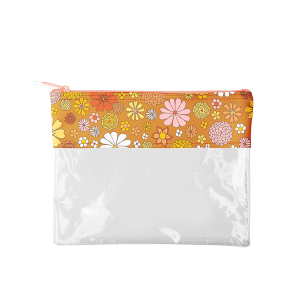 Cute pouch for pencils or cosmetics with floral print vegan leather at the top and clear vinyl on the bottom