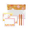 Cute colorful stationery kit with a pouch that has a floral print, three jotter pens and a set of letterpress greeting cards with flower art and complementary envelopes.