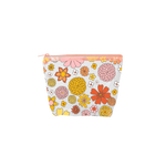 Clear vinyl pouch with floral imprint in amber, gold, pink and peach. Great for cosmetics or small tech.