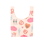 white compact tote reusable shopping bag bag with pretzels, skeleton peace sign, pumpkin hearts, fun dip, pink pumpkins, twin emoji, halloween fun.