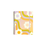 Cover of a planner with white flowers, and a orange, purple, and green wavy pattern.