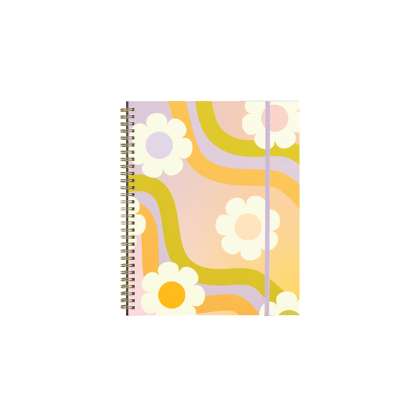 Cover of a planner with white flowers, and a orange, purple, and green wavy pattern.