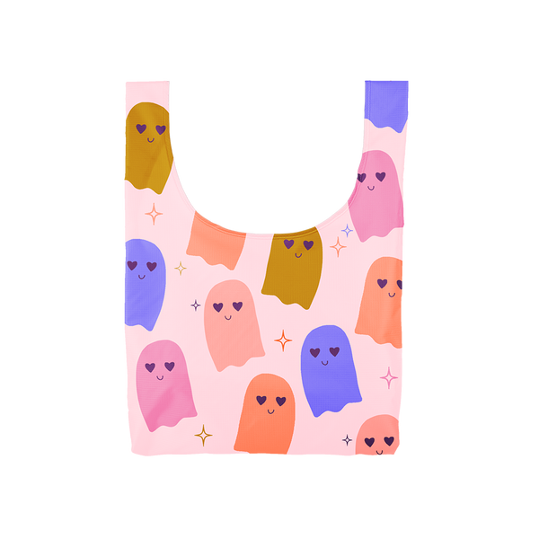 white compact reusable tote bag with multi colored ghosts with heart eyes and sparkle stars on all sides. 