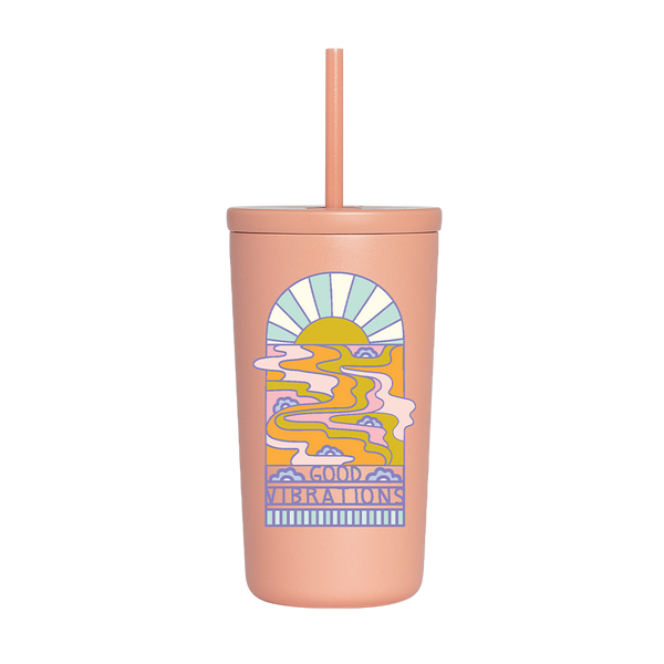 Blush pink mauve cold cup tumbler with straw and good vibrations and sun shine multicolor image on front