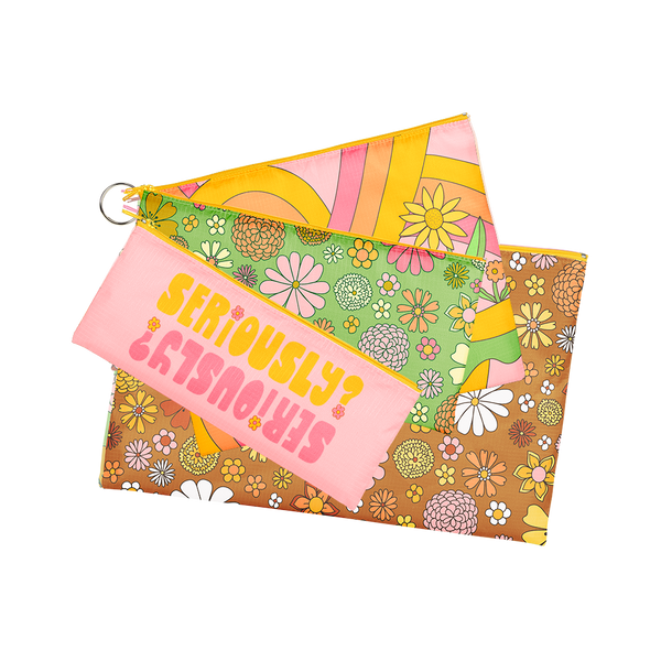 four different sized pouches which come together on a ring , one with saying "seriously?", one green ground floral print, pink ground floral print and brown ground floral print